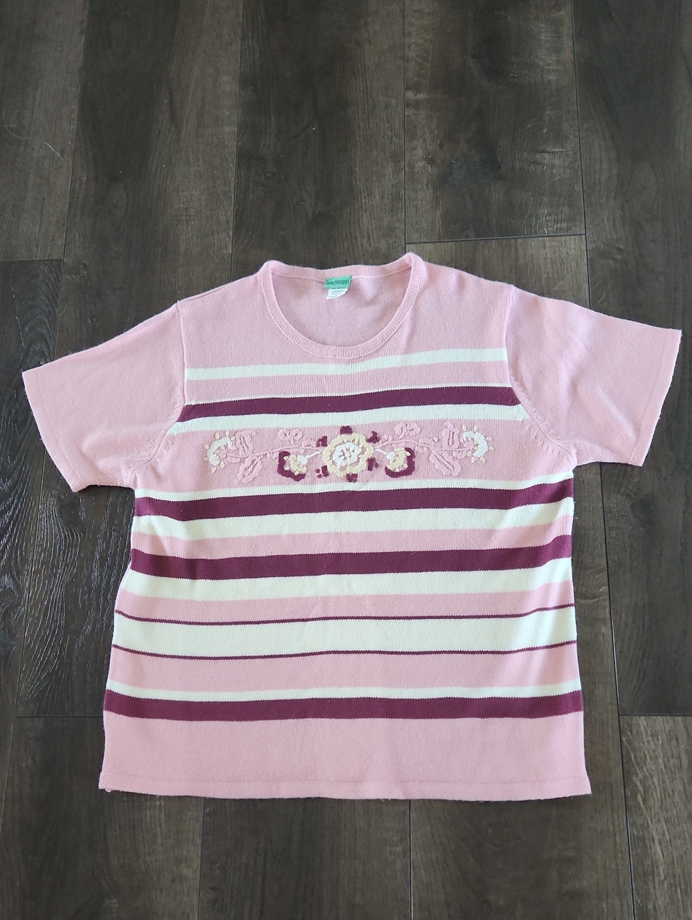 Women’s Pink Short-Sleeve Embroidered Stripe Knit Top